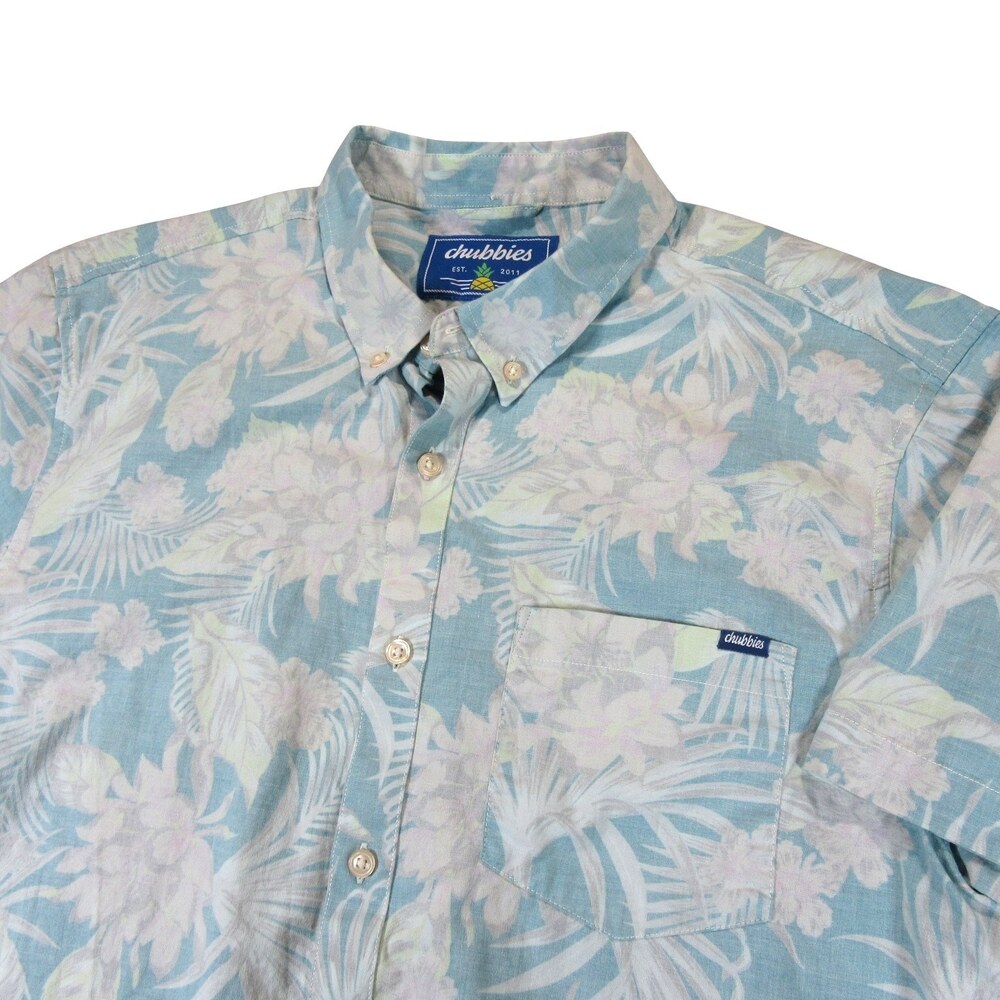 Chubbies Mens Short Sleeve Button Down Shirt M Light Blue Floral Stretch Cotton